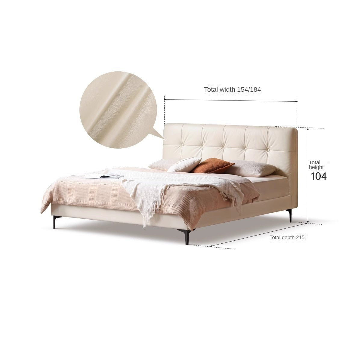 Genuine leather light luxury bed, cream style "