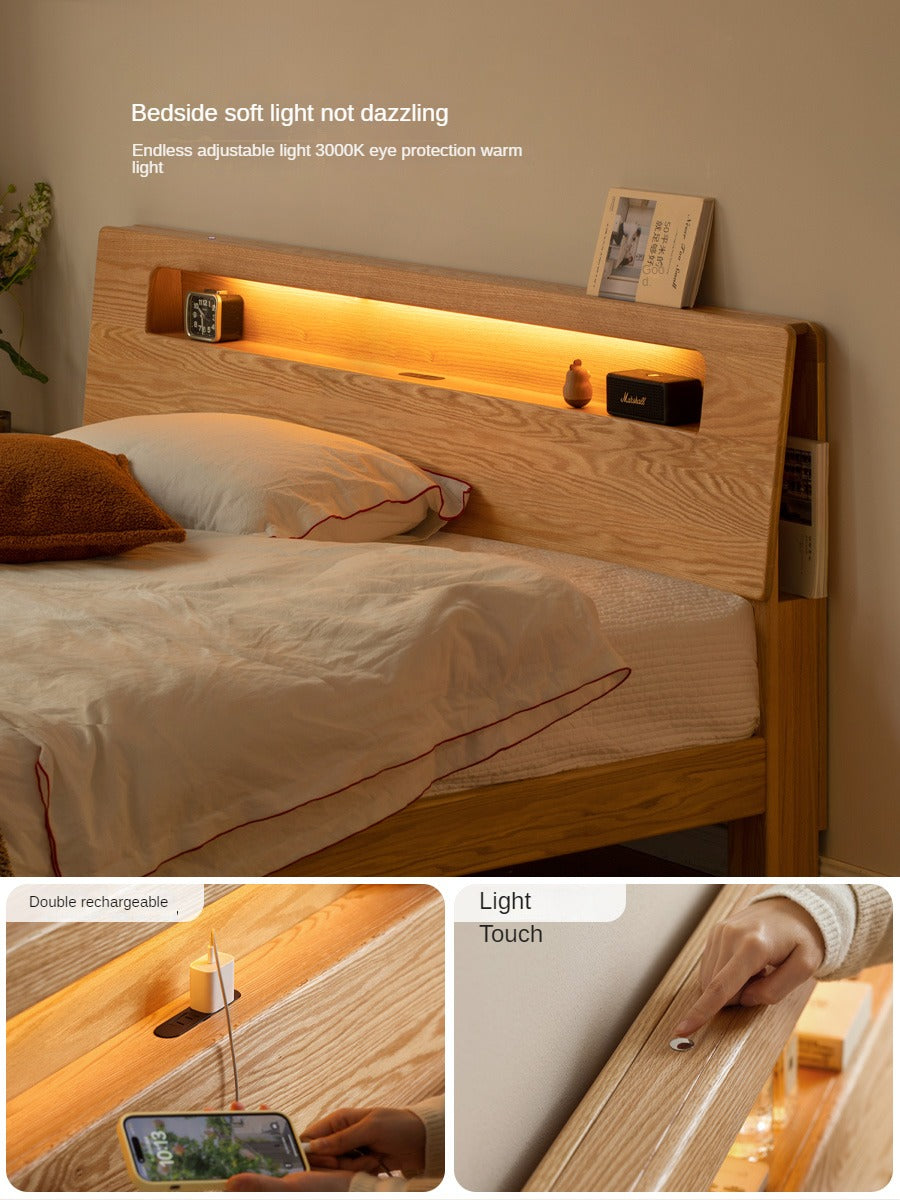 Oak, Beech solid wood bed with light and bookshelf