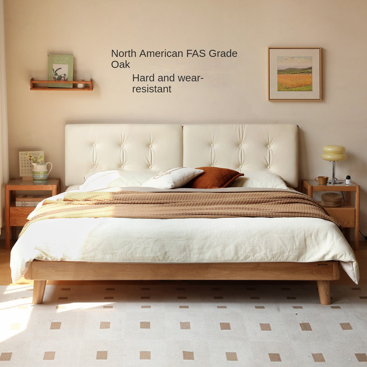 Oak solid wood leather soft bed cream style<