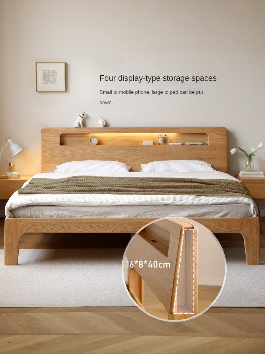 Oak, Beech solid wood bed with light and bookshelf