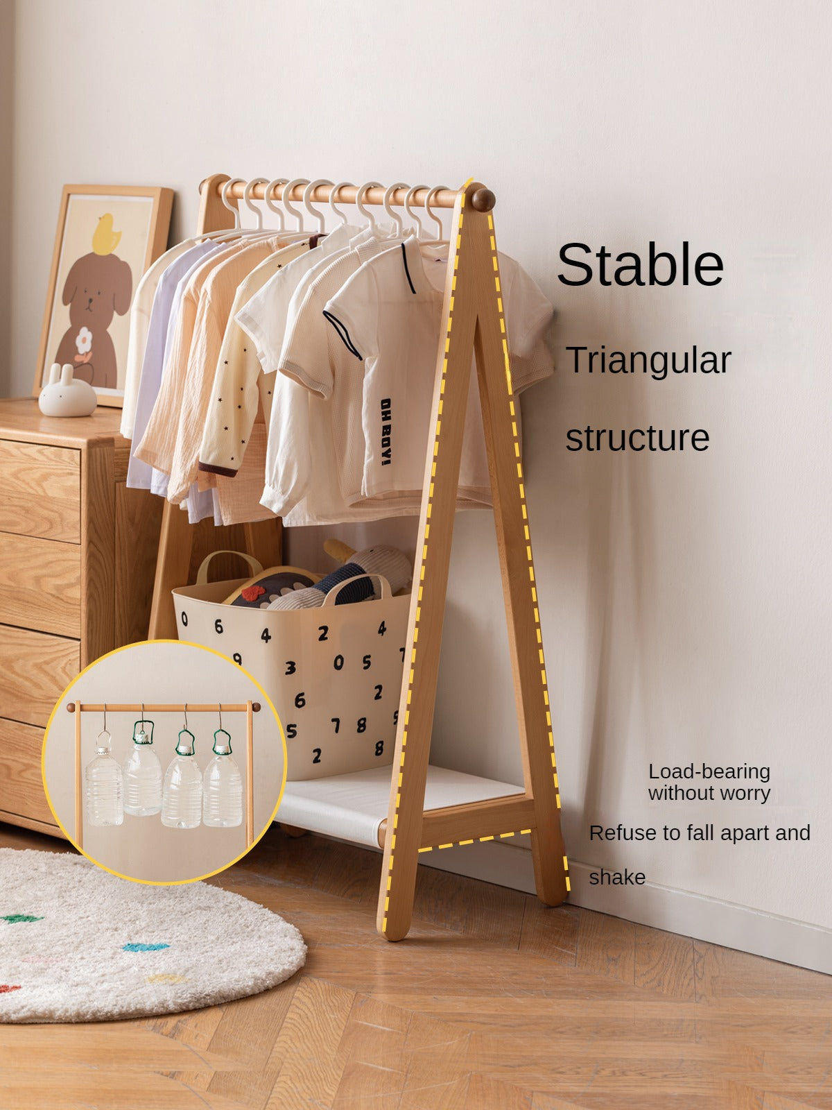 Beech Solid Wood Children's Hanger Floor Storage Rack