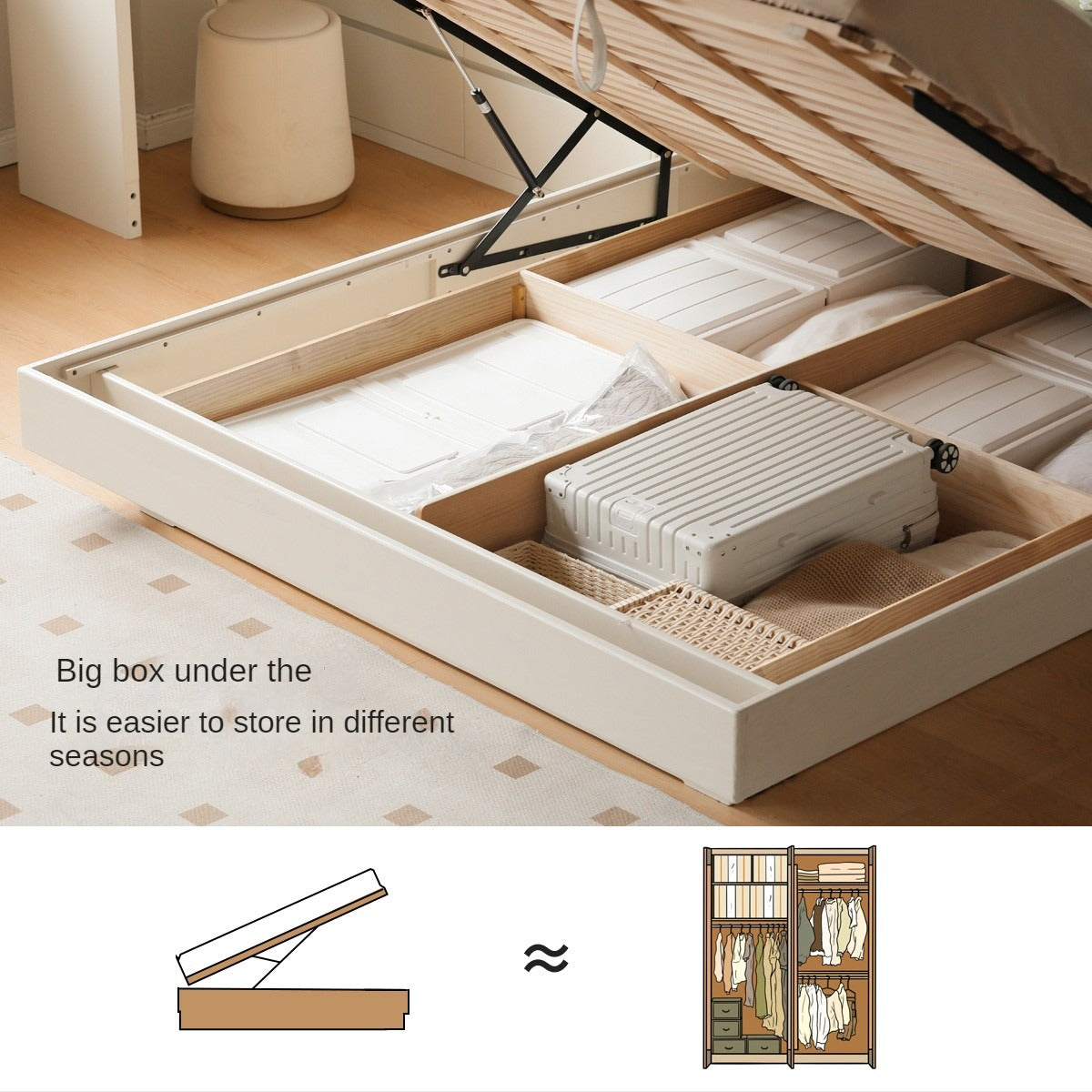 Oak Solid Wood Cream technical fabric Suspended Box Storage Bed +