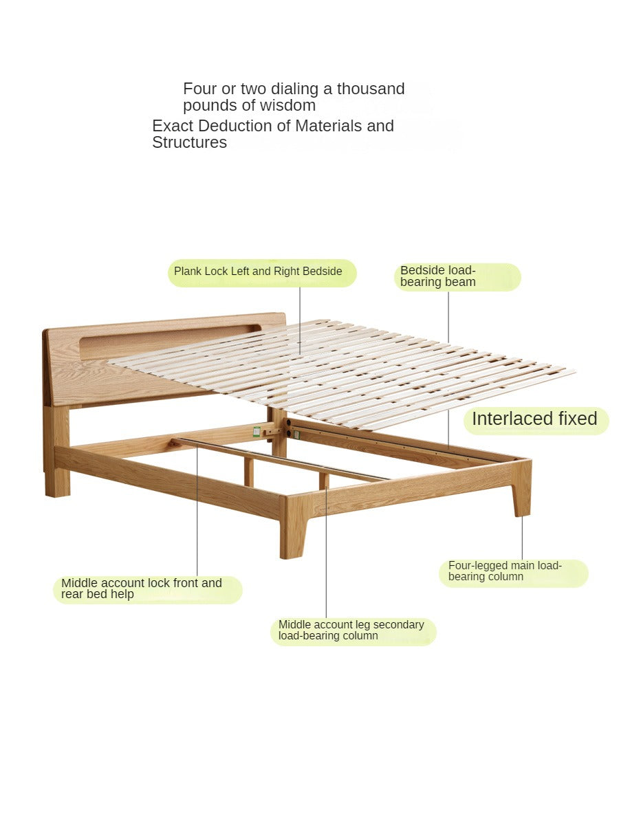 Oak, Beech solid wood bed with light and bookshelf