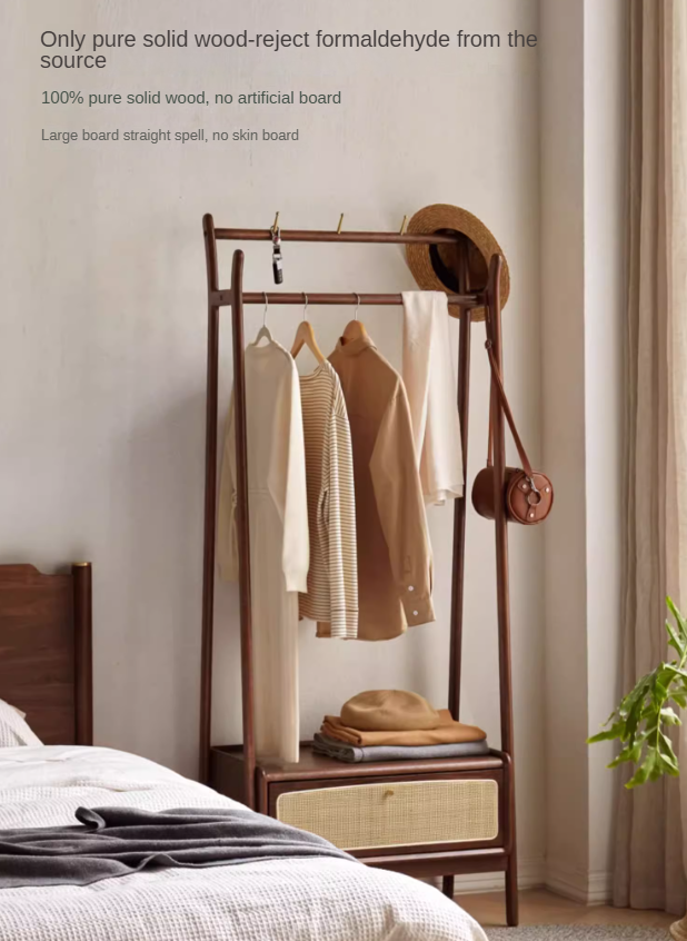 Oak Walnut Color Rattan Hanger Multi-Functional Coat Rack