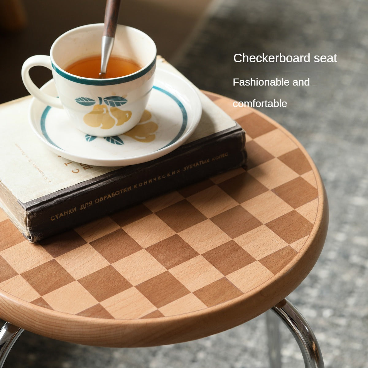 Beech Solid Wood Chessboard Checkered Round Stool High Feet Bar Stool "