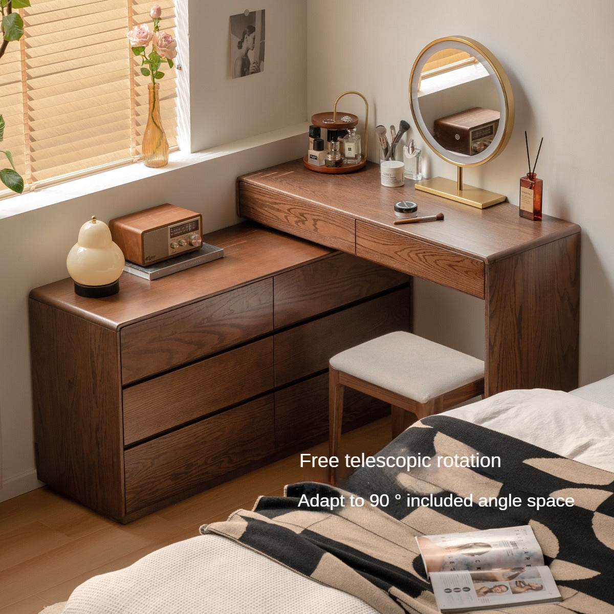 Oak Solid Wood Retro Style Retractable Dressing Table