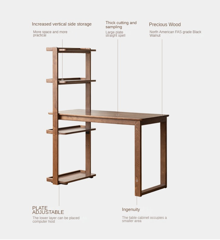 Black Walnut, Ash Solid Wood Desk Bookshelf