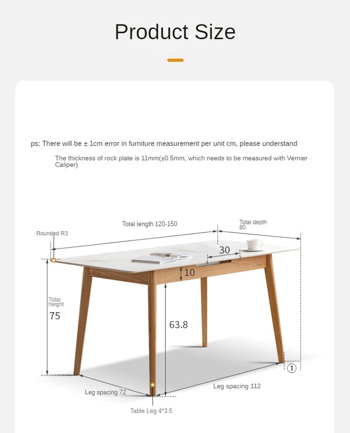 Oak Solid Wood Folding Dining Table Rock Slab Surface