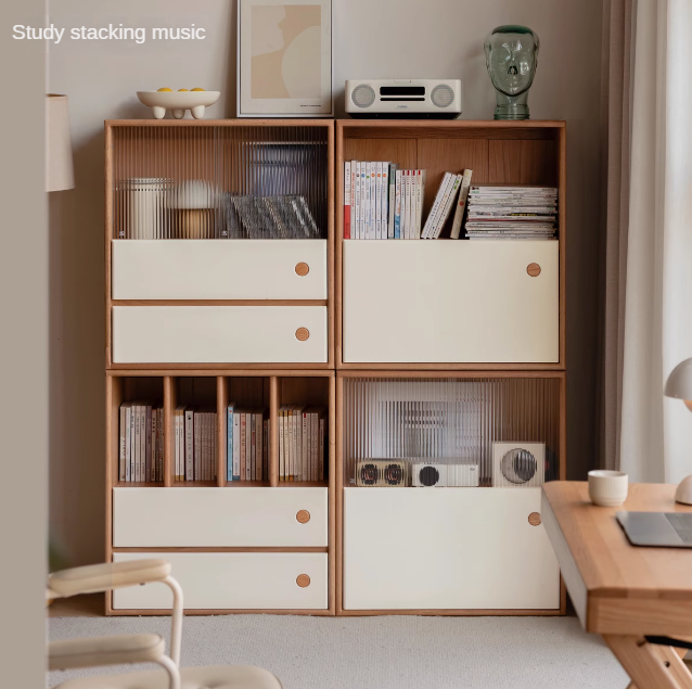 Oak solid wood cream style module combination bookcase