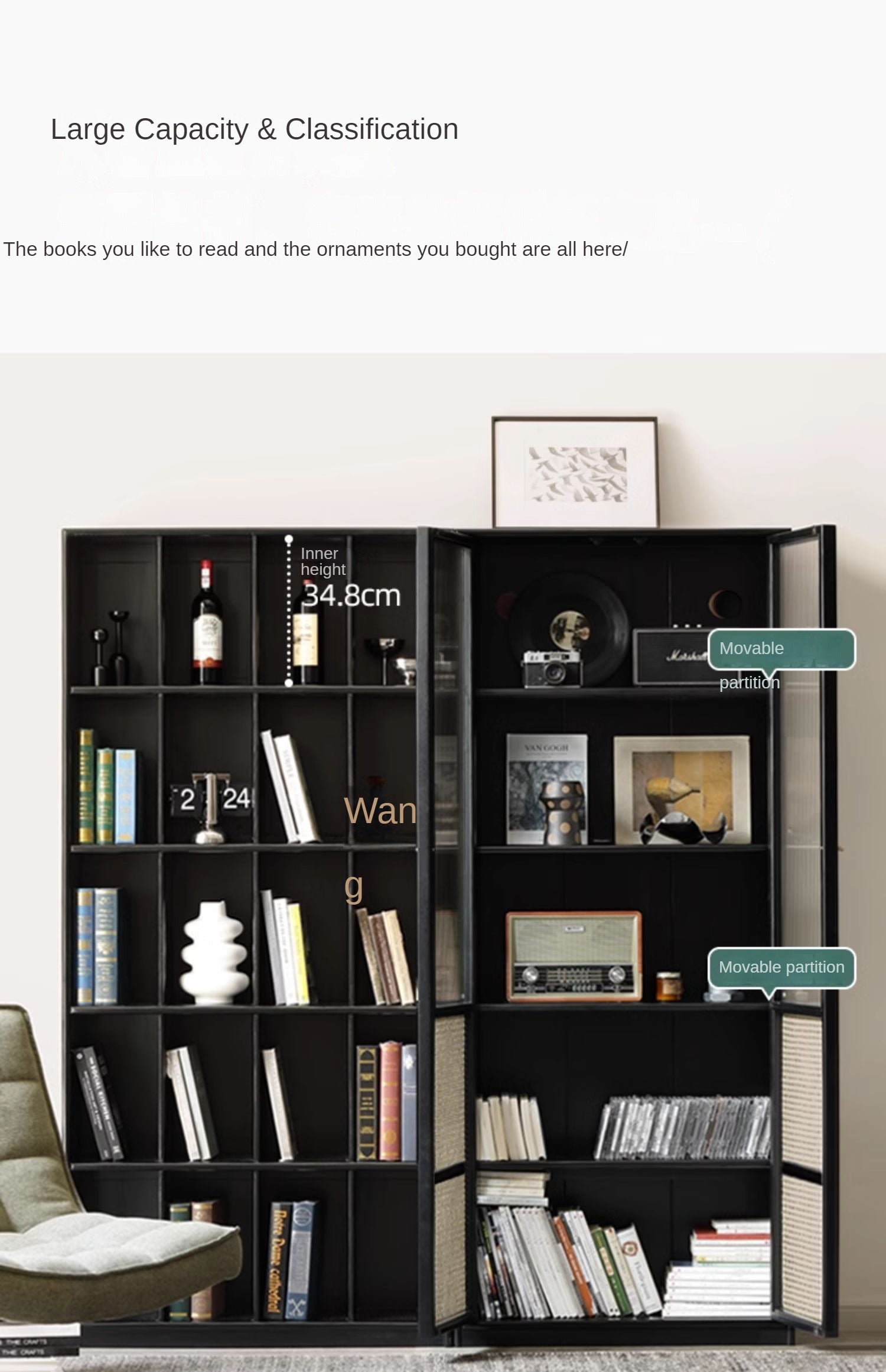 Oak solid wood bookcase black retro<