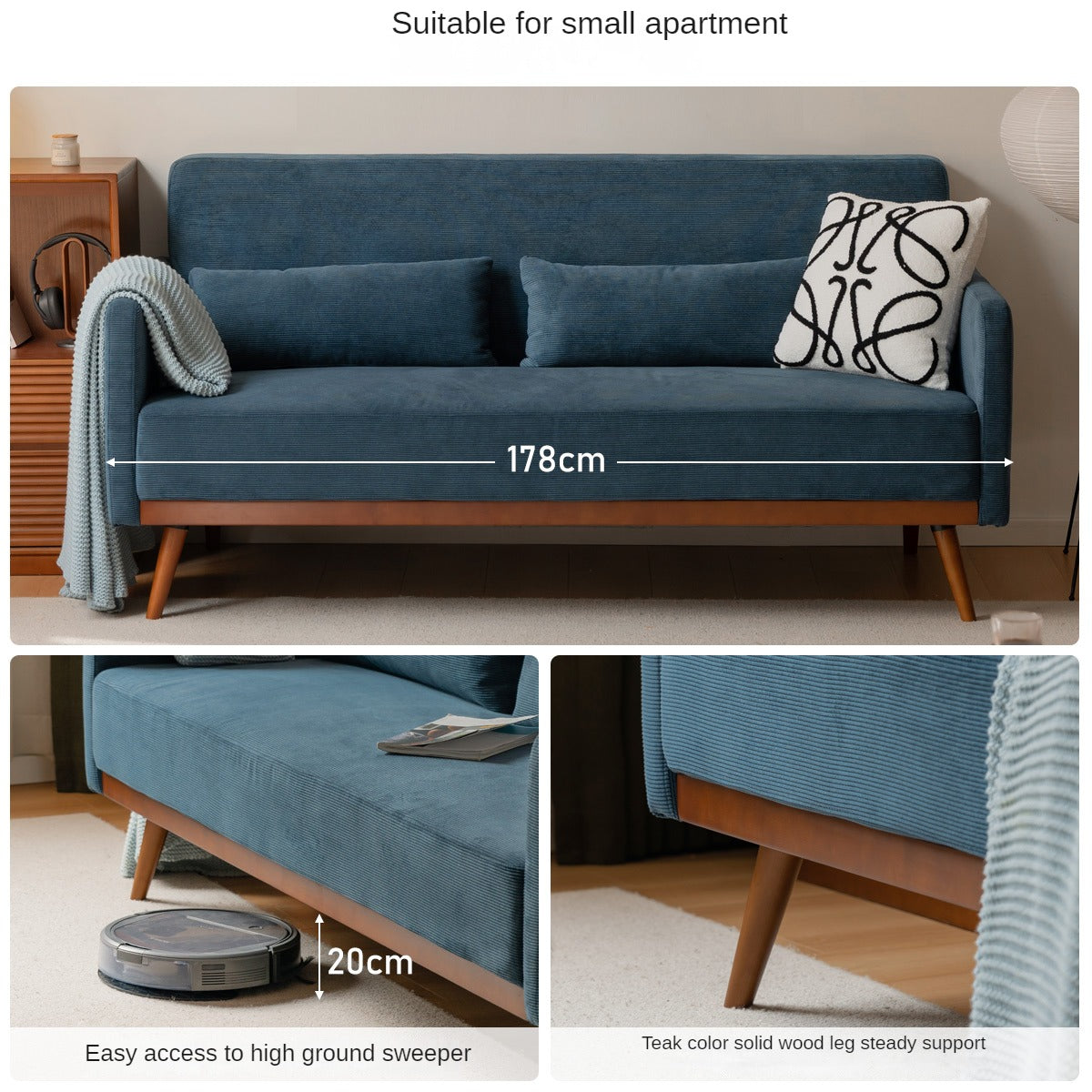 Fabric Modern Straight Retro Three Seater Sofa