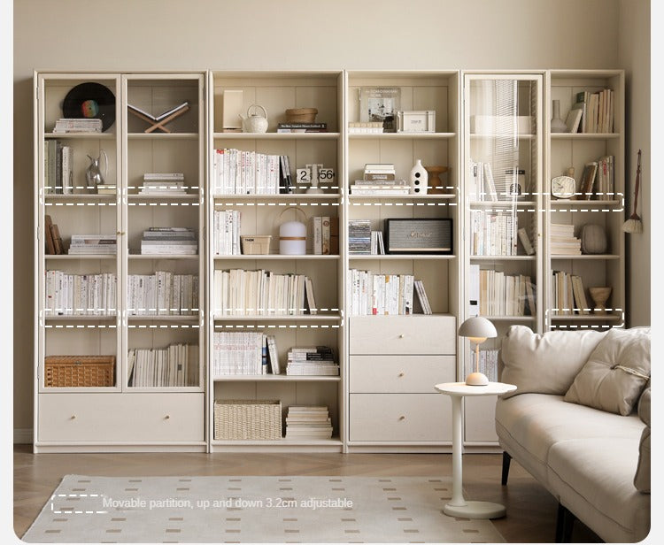 Oak solid wood combination bookcase glass door floor-to-ceiling bookshelf cream wind"