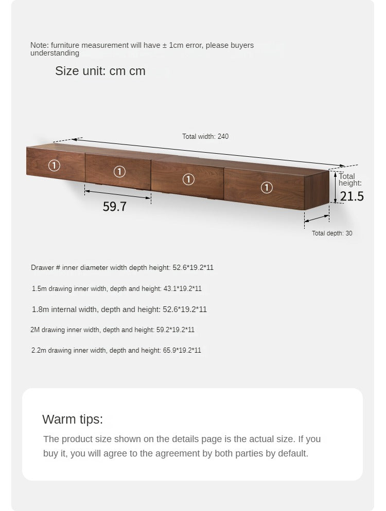 Black walnut solid wood wall-mounted suspended TV cabinet: