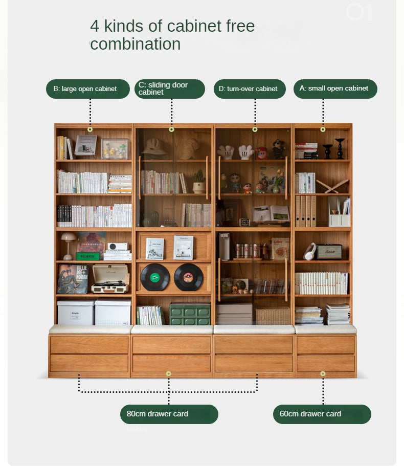 Cherry Solid Wood Bookcase Combination Glass Cabinet