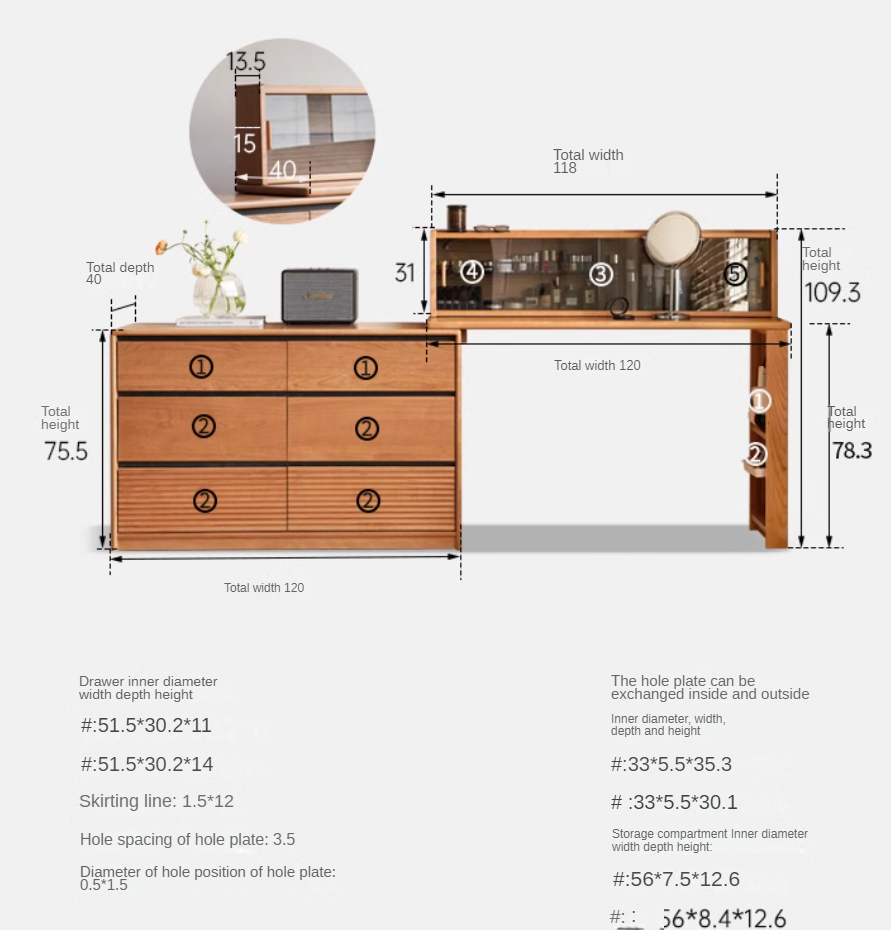 Сherry solid wood retro corner dressing table