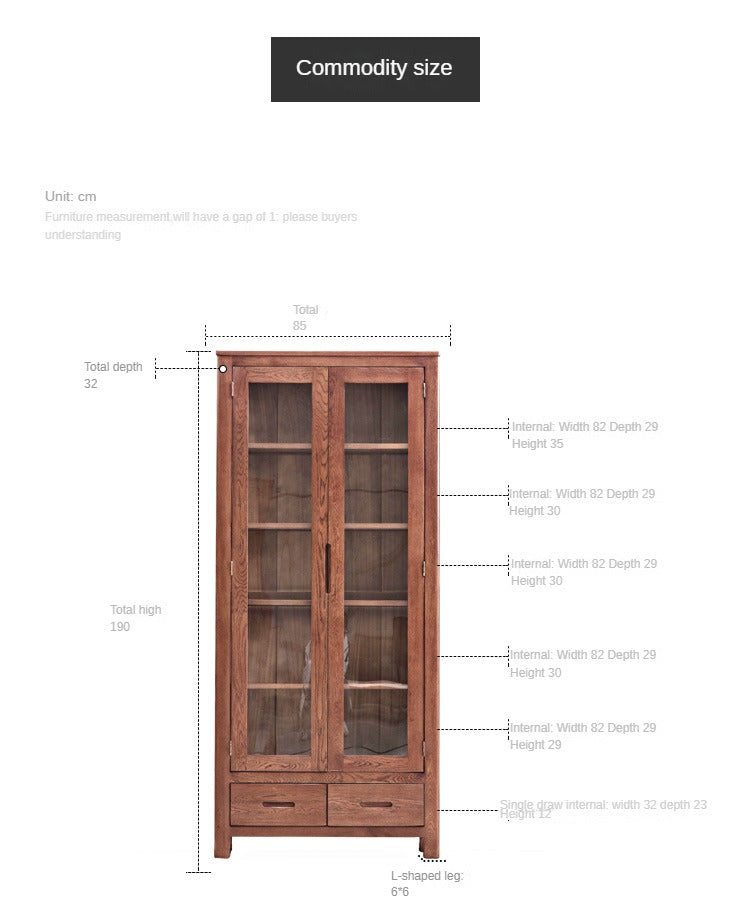 Oak Solid Wood Nordic Bookcase with Glass Door