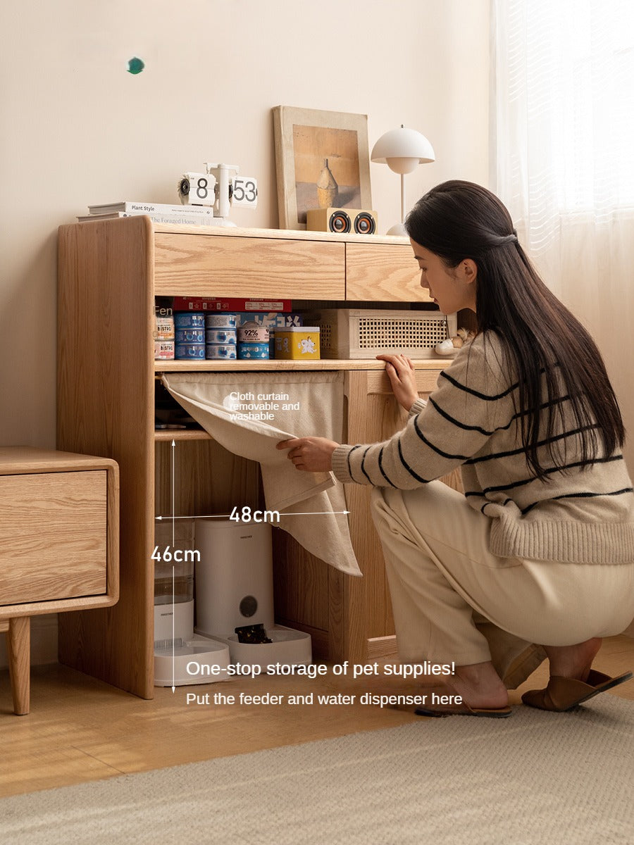 Oak solid wood side cabinet cat pet supplies storage sweeping robot cabinet-