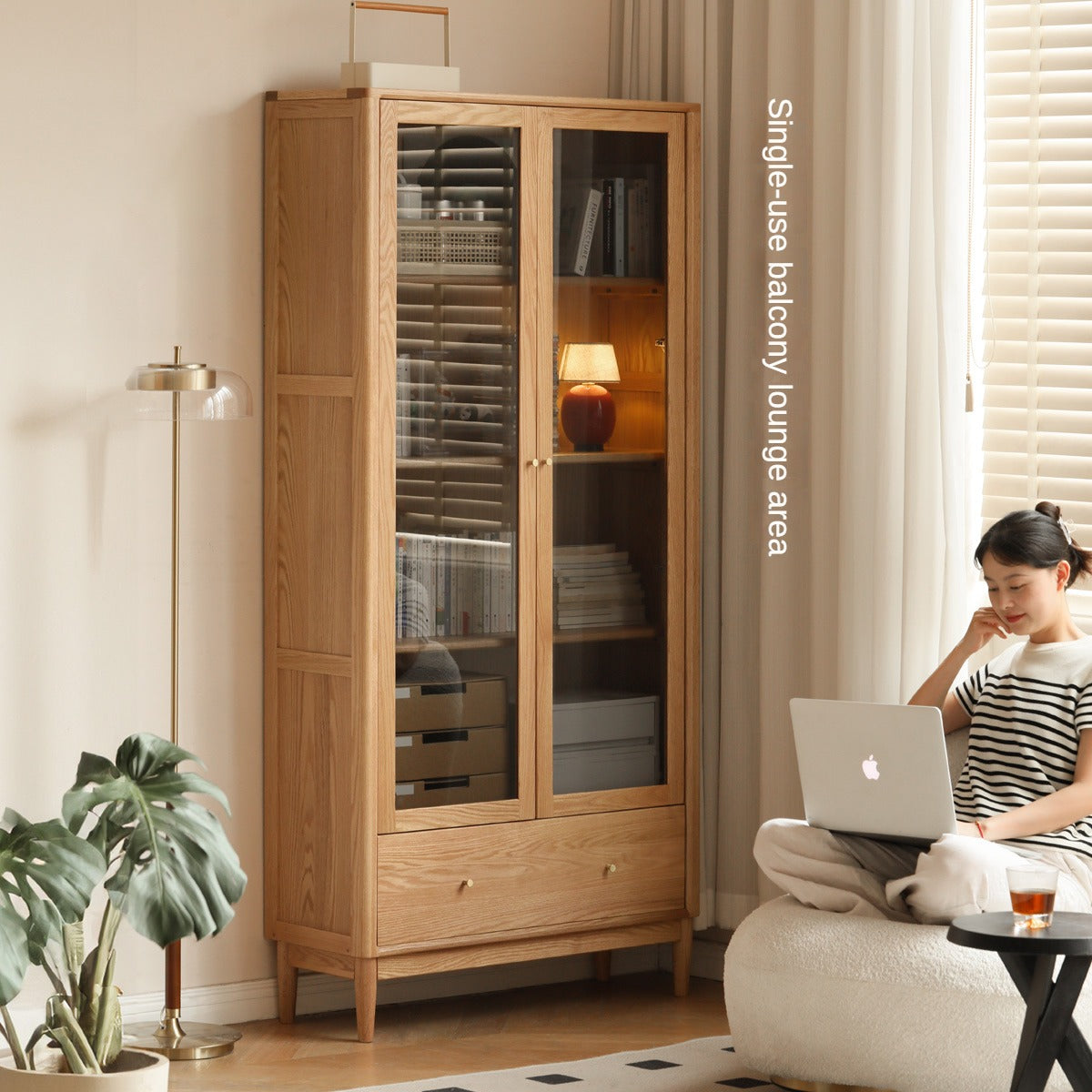 Oak solid wood modern glass door bookcase