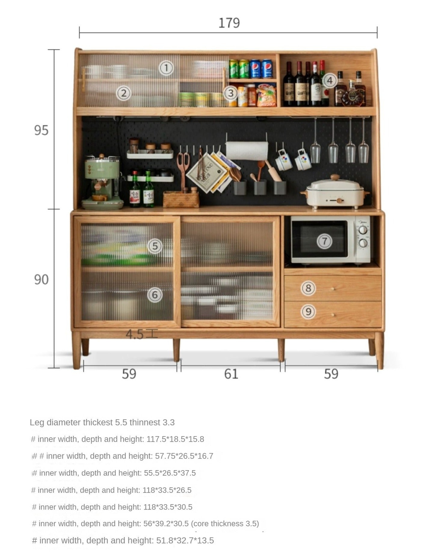 Oak solid wood sideboard multi-functional buffet cabinet,