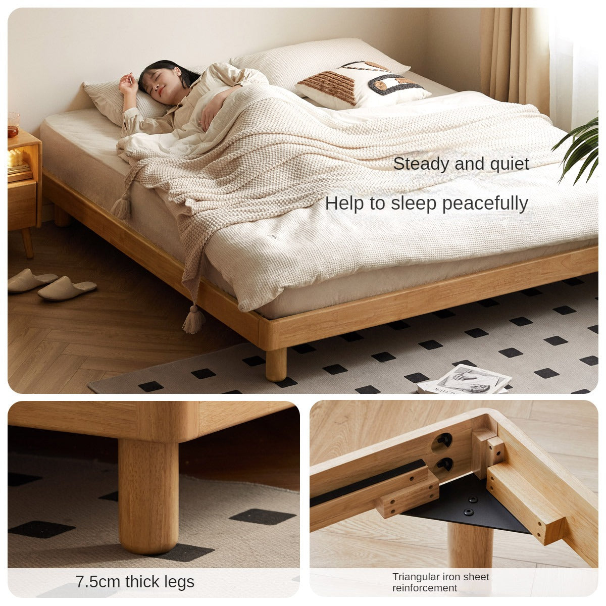 Pine Solid Wood Minimalist platform bed, headboard-free bed