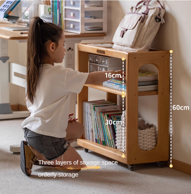 Beech Solid Wood Children's Under-Table Bookcase with Wheels