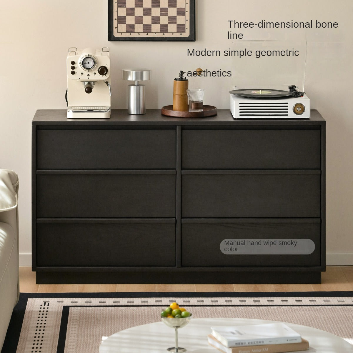 Oak Solid Wood Black Storage Six Drawers Cabinet