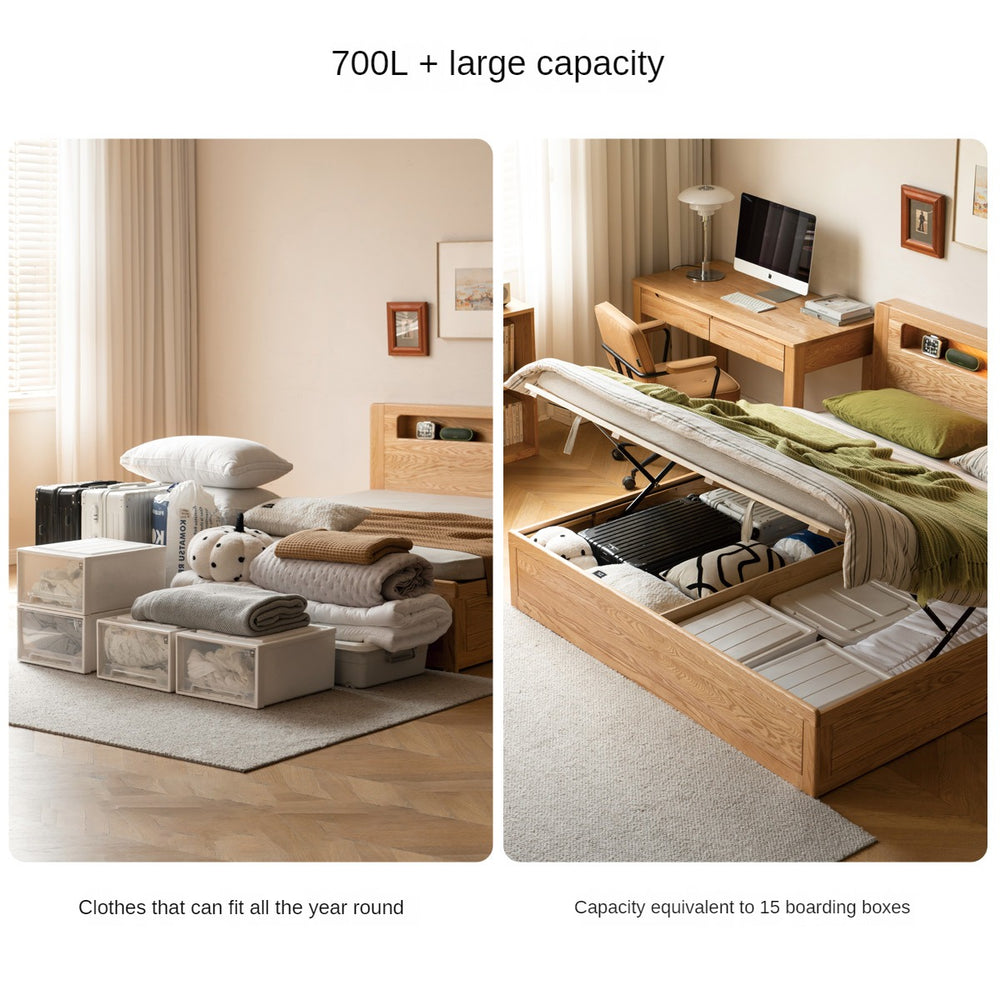 Console Box Bed Oak Solid Wood Storage Bed with Bookcase Headboard and Built-In Desk S