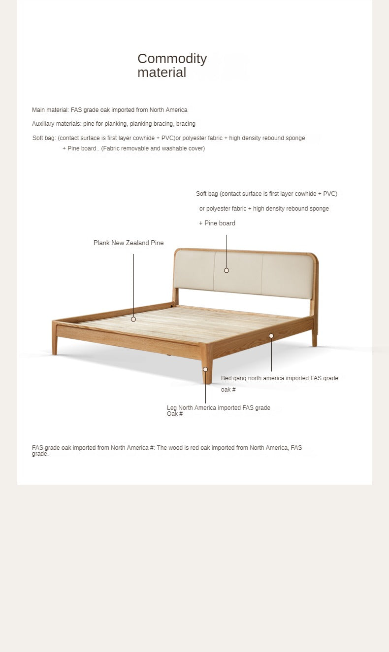 Oak Solid wood bed modern Genuine leather,Technology cloth, Fabric