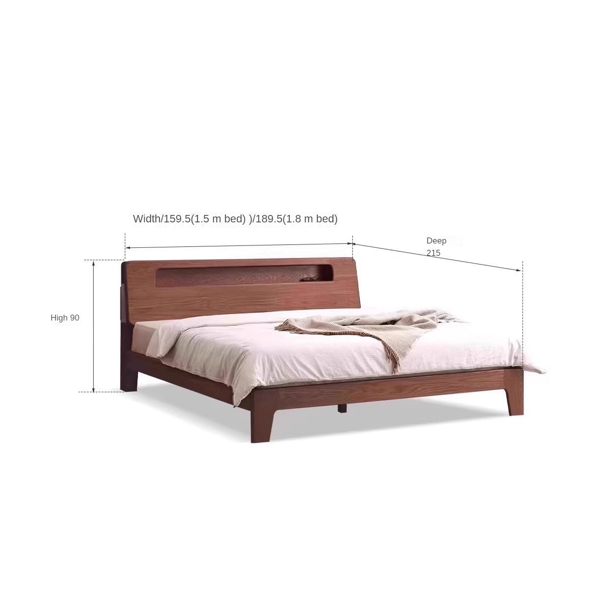 Oak, Beech solid wood bed with light and bookshelf+