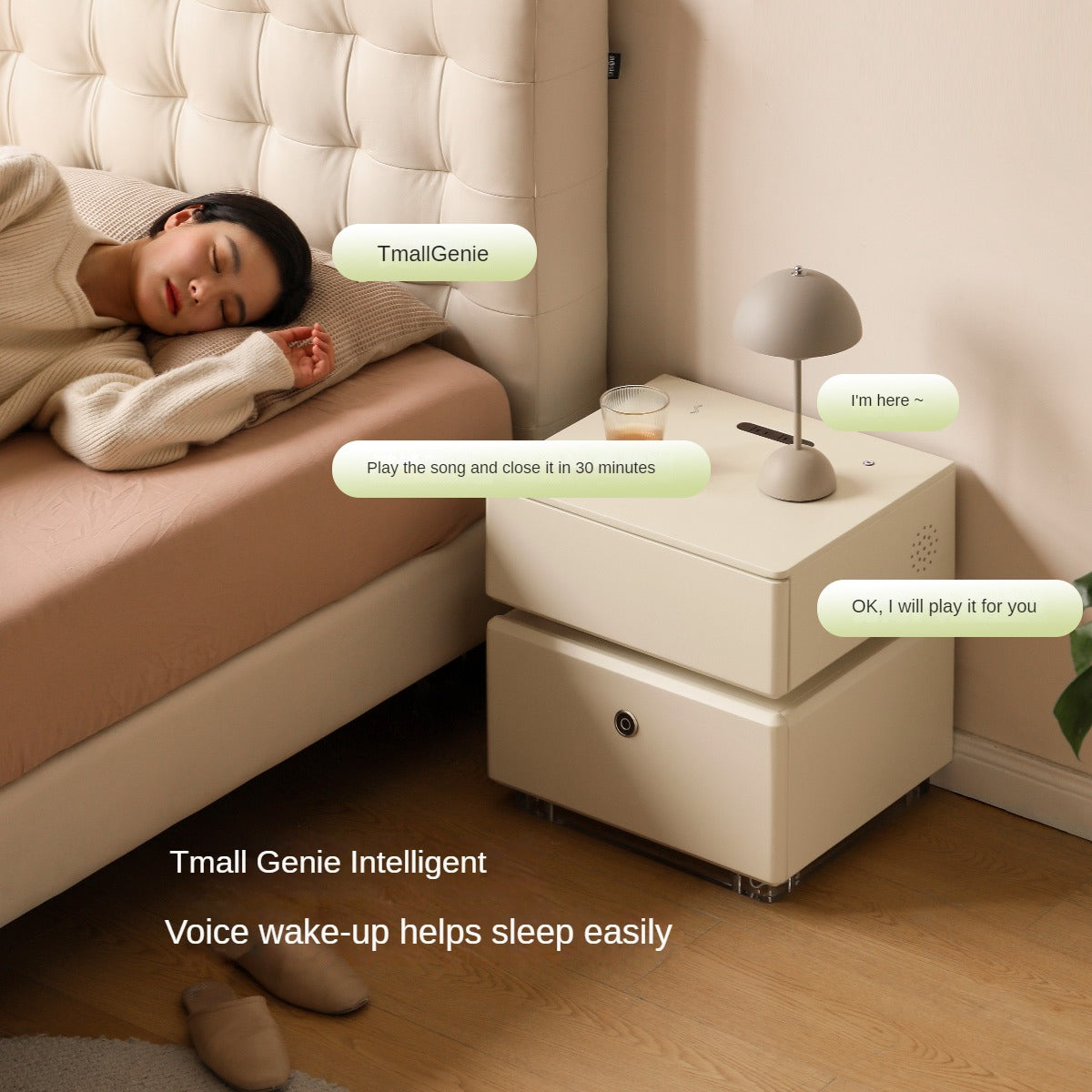 Oak, Poplar solid wood Smart nightstand Wireless Charging, Fingerprint Lock Storage Cabinet"
