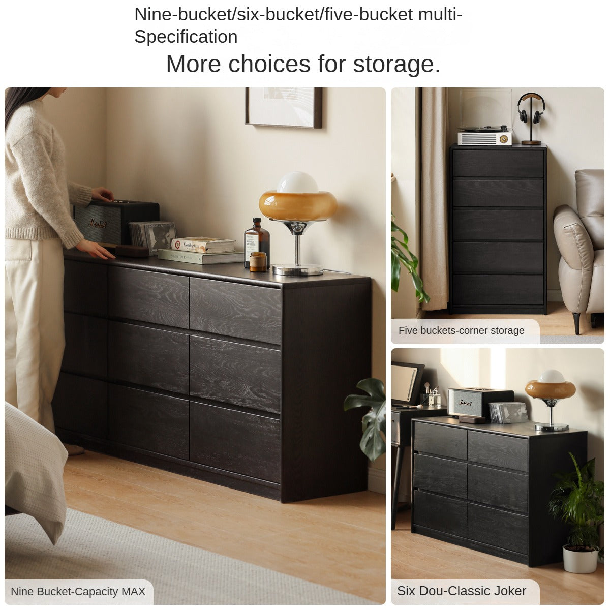 Oak Solid Wood Black Chest of Drawers