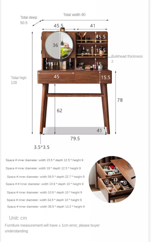 Black walnut solid wood Moon Makeup Mirror dressing table