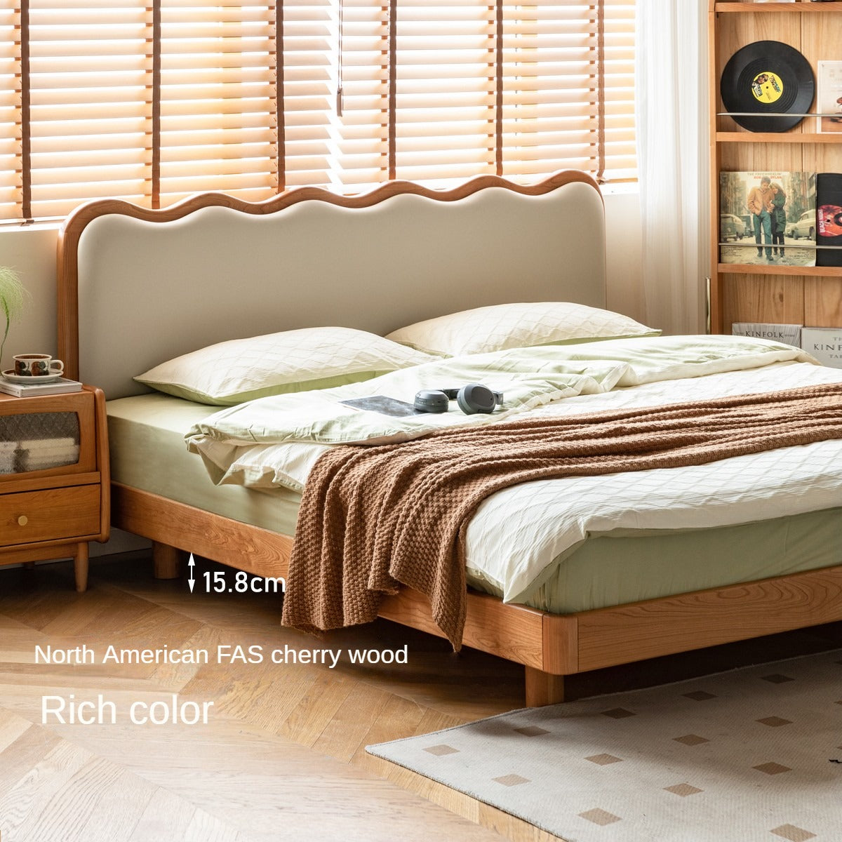 Cherry Solid Wood Technology Fabric Soft  Minimalist Log Suspended Bed_)