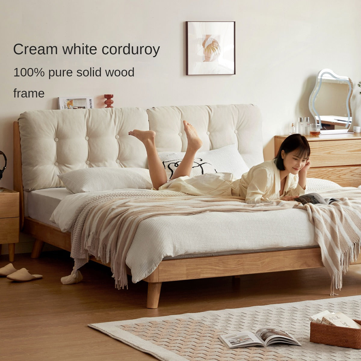 Rubber Solid Wood Soft Fabric Lamb Velvet Cream Style Bed<