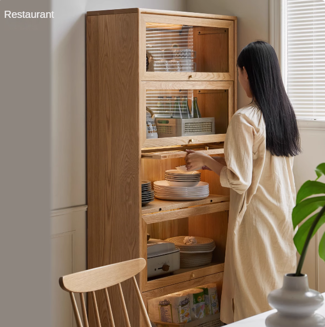 Oak Solid Wood Multi layer Flip Door Glass Bookcase