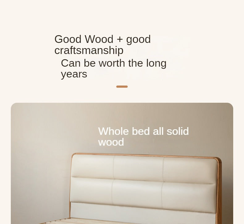 Oak solid wood genuine leather soft bed<