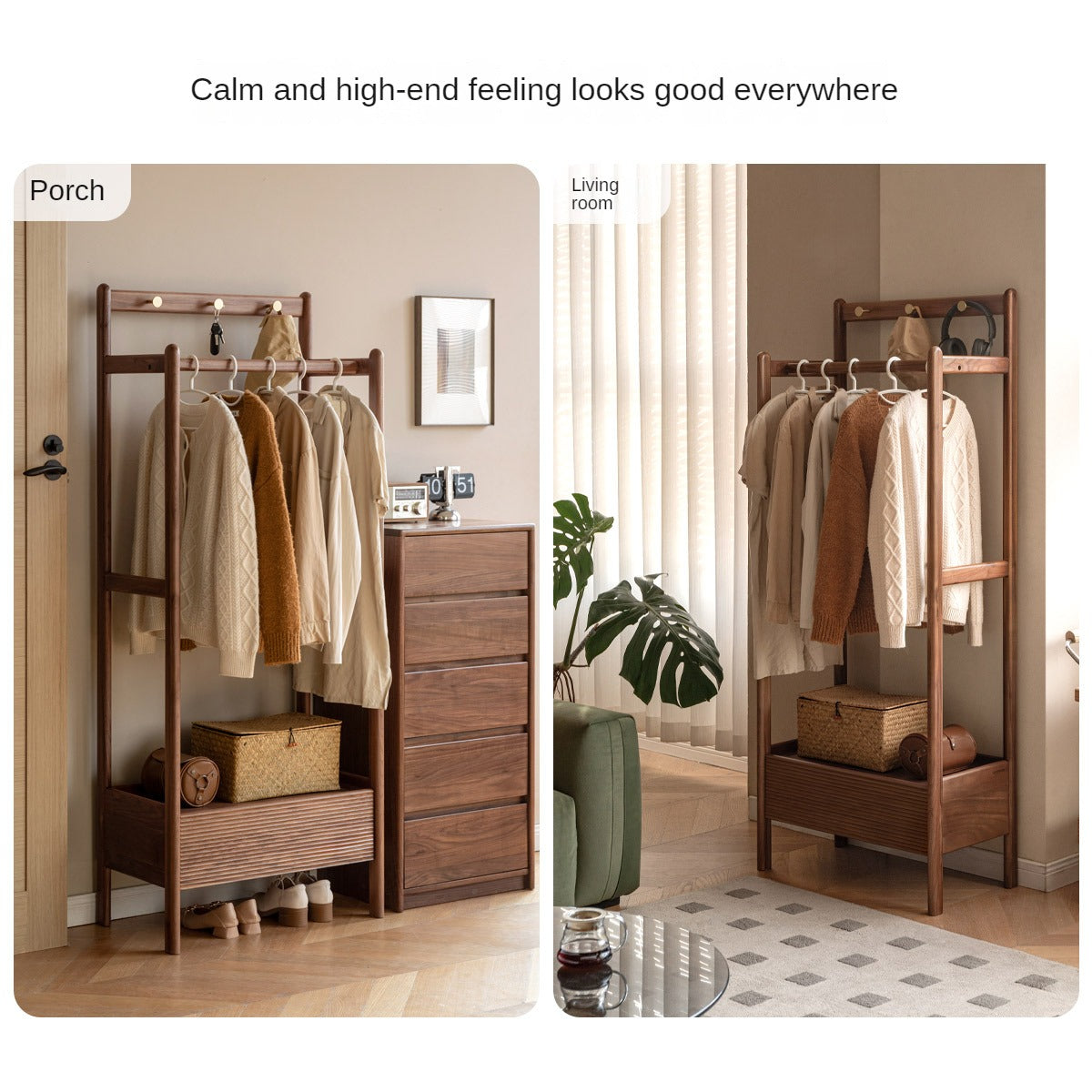 Black Walnut Solid Wood Floor to Floor Clothes Storage Rack<