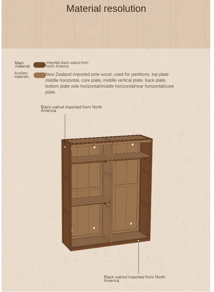 Black Walnut, Sandalwood Solid Wood French Wardrobe