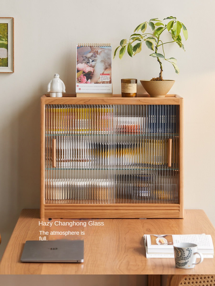 Cherry Solid Wood Glass Sliding Door Storage Cabinet,