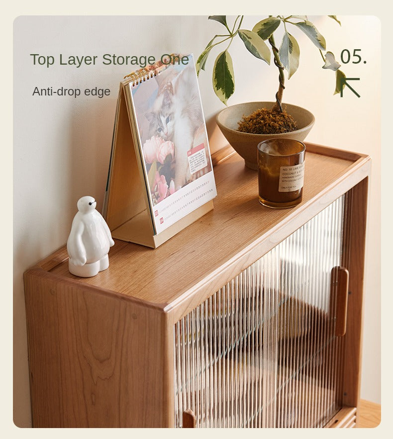 Cherry Solid Wood Glass Sliding Door Storage Cabinet,