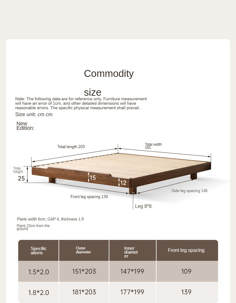 Black walnut solid wood platform bed, headboard-free suspended bed