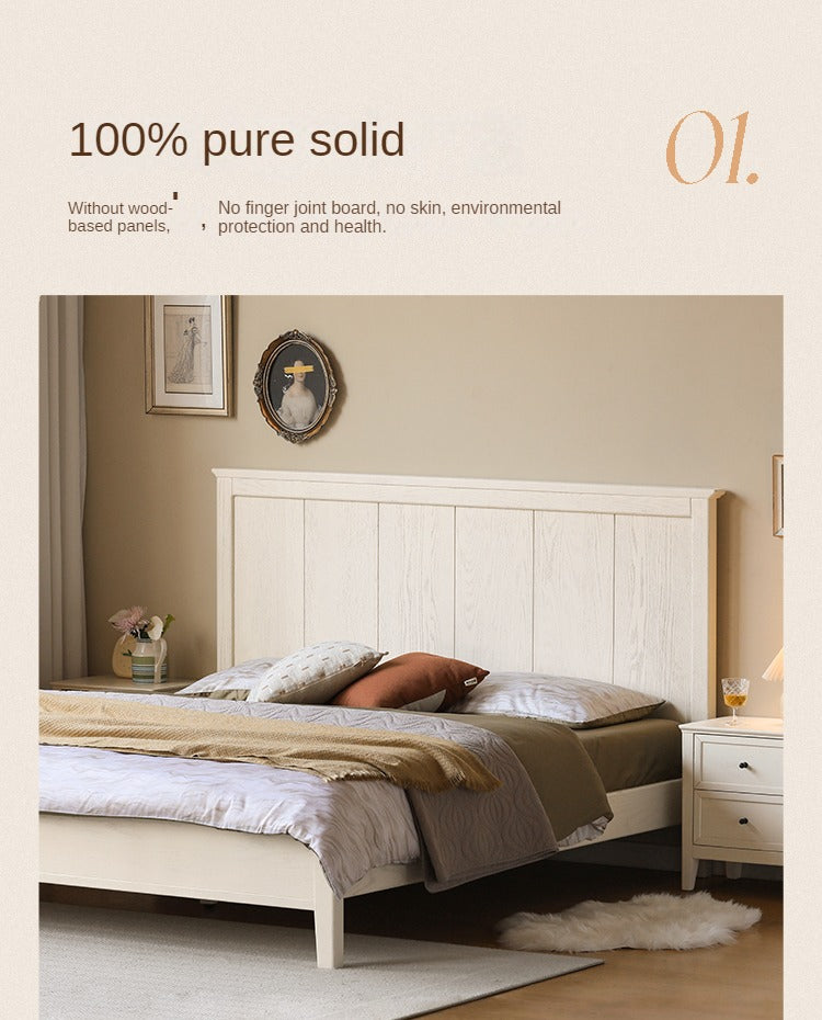 Oak solid wood high headboard full white bed American style<