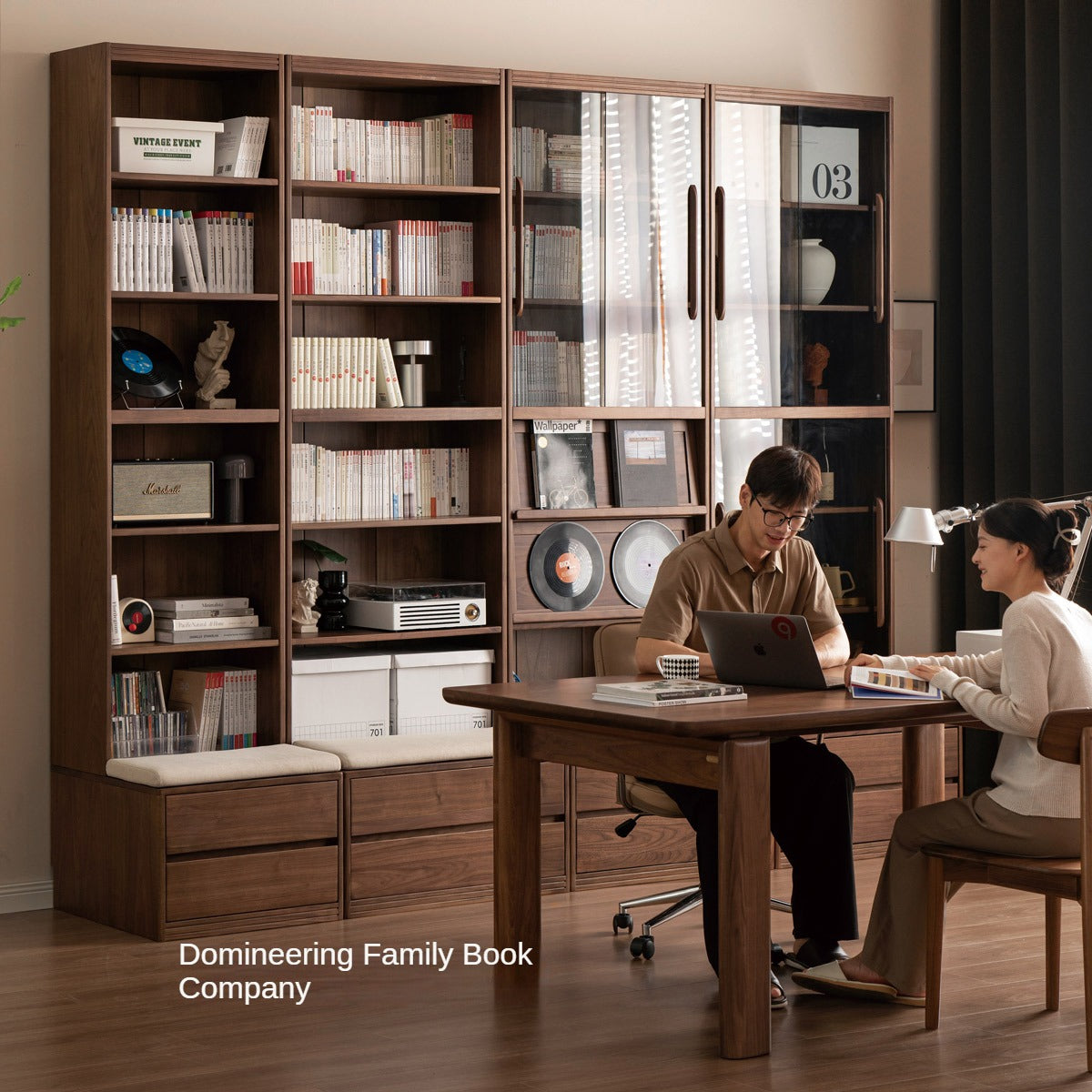 Black walnut solid wood wall-to-wall with seat combined bookshelf light luxury<