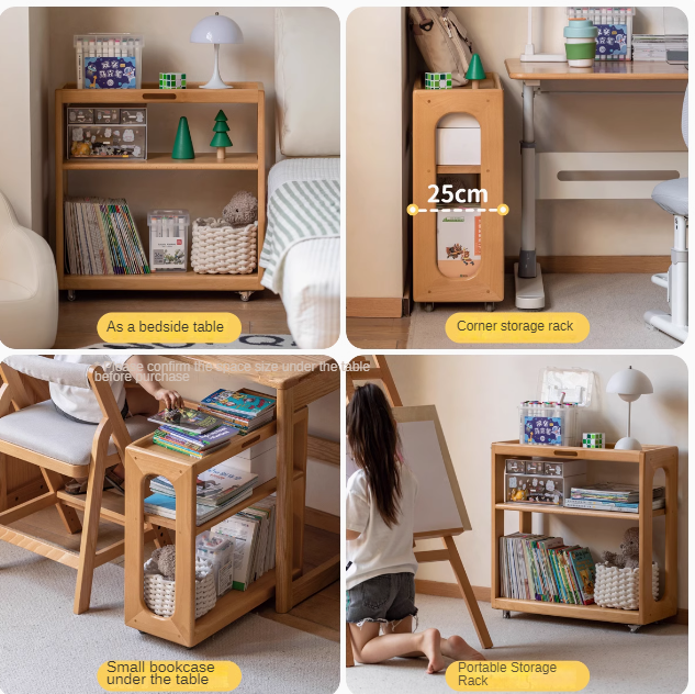 Beech Solid Wood Children's Under-Table Bookcase with Wheels