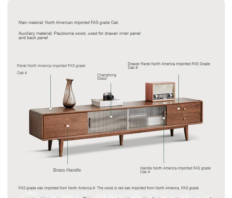 Oak Solid Wood TV Stand Glass Sliding Door: