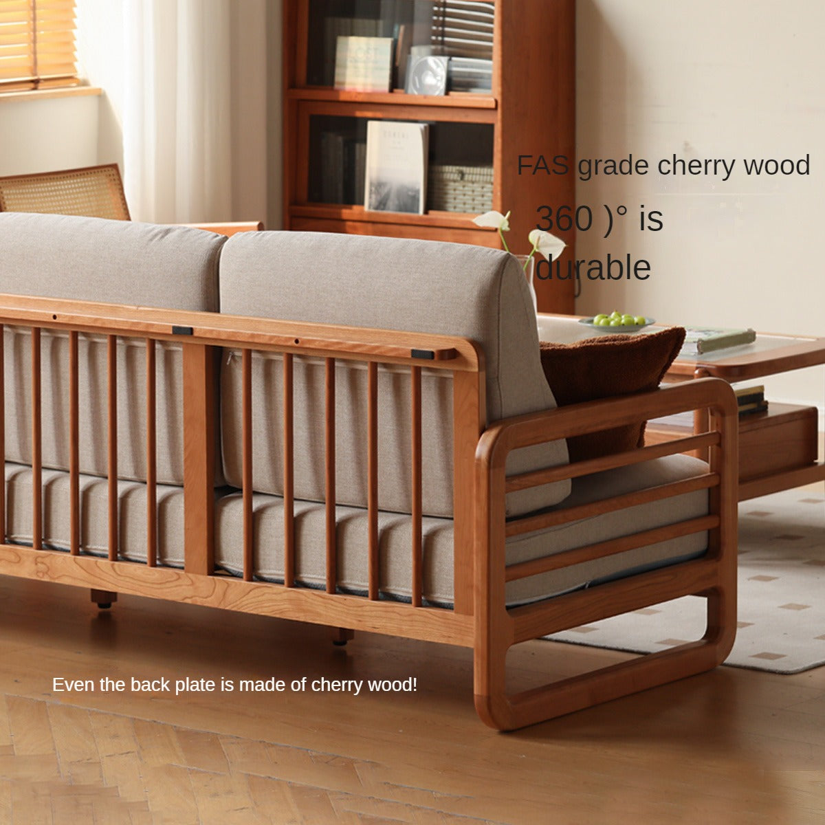 Cherry wood high back sofa mid-century style "
