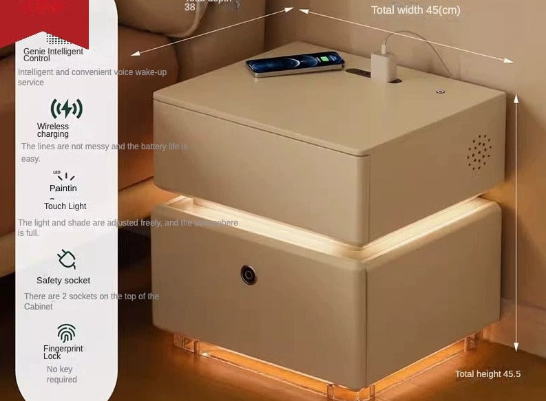 Poplar solid wood Smart nightstand Wireless Charging, Fingerprint Lock Storage Cabinet-