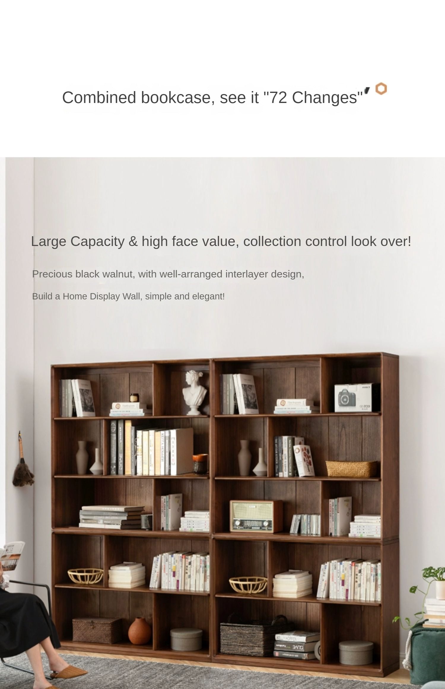 Black Walnut Solid Wood Floor-standing Low Bookcase Combination Bookshelf<