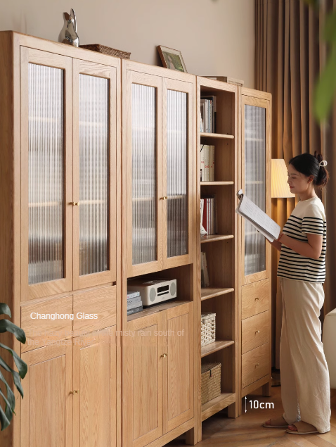 Oak solid wood bookcase with glass door