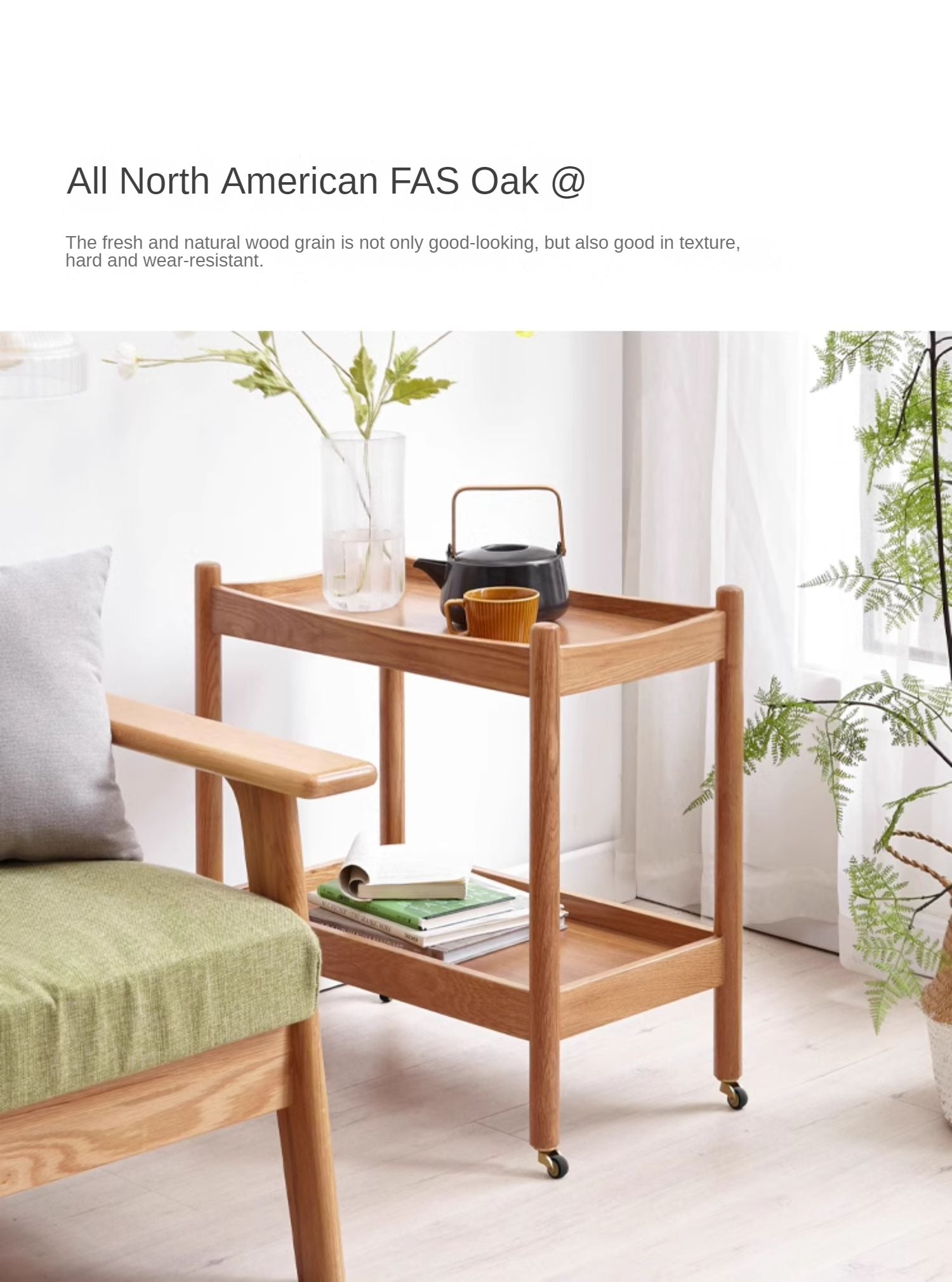 Oak solid wood trolley mobile side table-